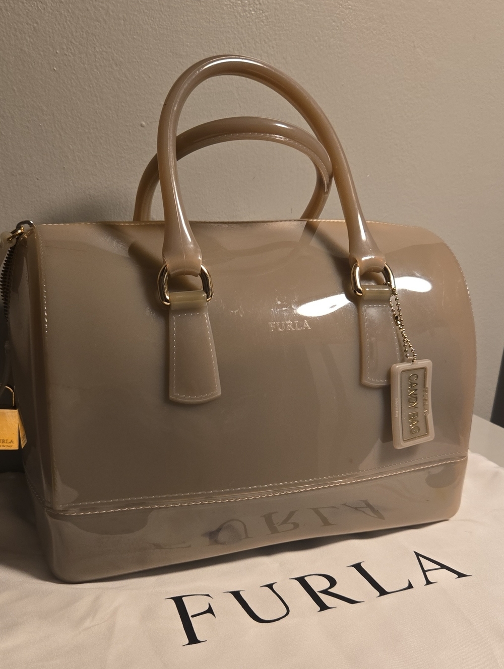 Furla Glossy Neutral Dome Satchel in Light Beige - Picture 2 of 13